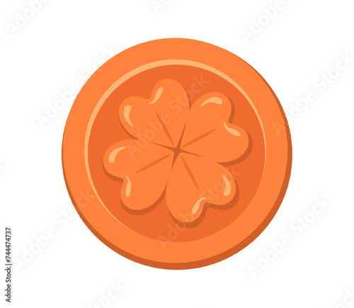 Lucky copper coin with four leaf clover. St. Patrick's day symbol. Vector illustration, design element isolated on white background