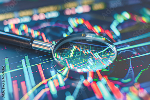 Magnifying glass over a financial graph, highlighting the analysis of market trends and data.