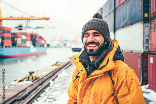 Joyful man in a winter hat and bright yellow jacket smiling at a snowy industrial port with cargo containers.