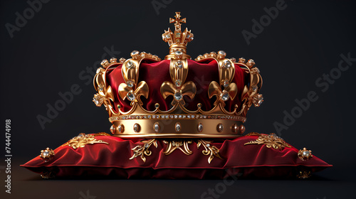 Royal golden crown with jewels on a pillow on Red isolated, Royal golden crown with jewels on pillow on Red background, symbols of UK United Kingdom monarchy. Generative Ai  photo