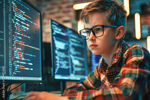 Young boy with glasses engrossed in coding on a computer in a dark room, displaying his focus and early tech skills. photo