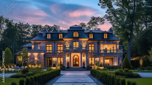 Suburban dream home with a classic-modern exterior, incorporating timeless elements, a grand entrance, and meticulously landscaped gardens