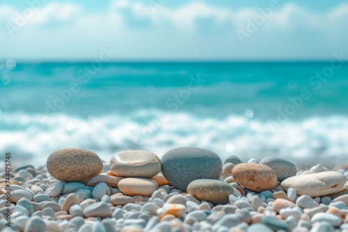 Pebbles on a Beach with Turquoise Sea Backdrop A serene beach scene with smooth pebbles lined up against the backdrop of a sparkling turquoise sea and clear blue sky. 