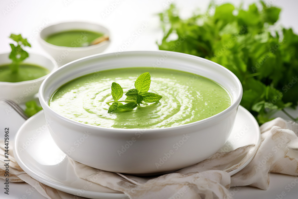 Green vegetable puree soup in a white bowl decorated with mint leaves in the center of the plate Green vegetable puree soup in a white bowl decorated with mint leaves in the center of the plate