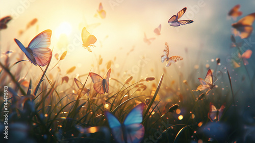 Sunlight filtering through blades of grass, illuminating delicate butterflies in flight, their iridescent wings shimmering in the gentle breeze, creating a natural beauty. © alishba Lishay