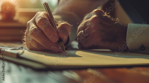 Man signing a document or writing correspondence with a close up view of his hand with the pen and sheet of notepaper on a desk top. With retro filter effect. photo