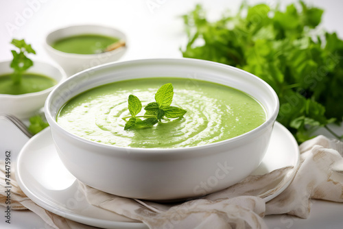 Green vegetable puree soup in a white bowl decorated with mint leaves in the center of the plate