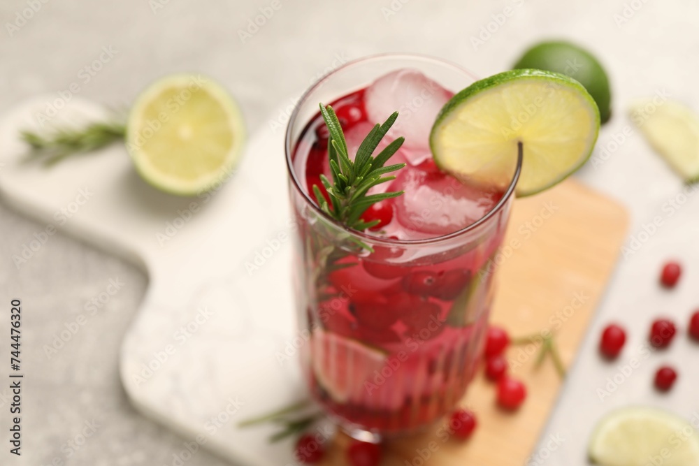 Tasty cranberry cocktail with rosemary and lime in glass on table, closeup. Space for text Tasty cranberry cocktail with rosemary and lime in glass on table, closeup. Space for text