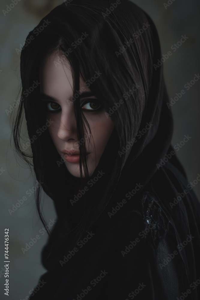 Hooded Dark-haired Woman with Enigmatic Gaze Hooded Dark-haired Woman with Enigmatic Gaze