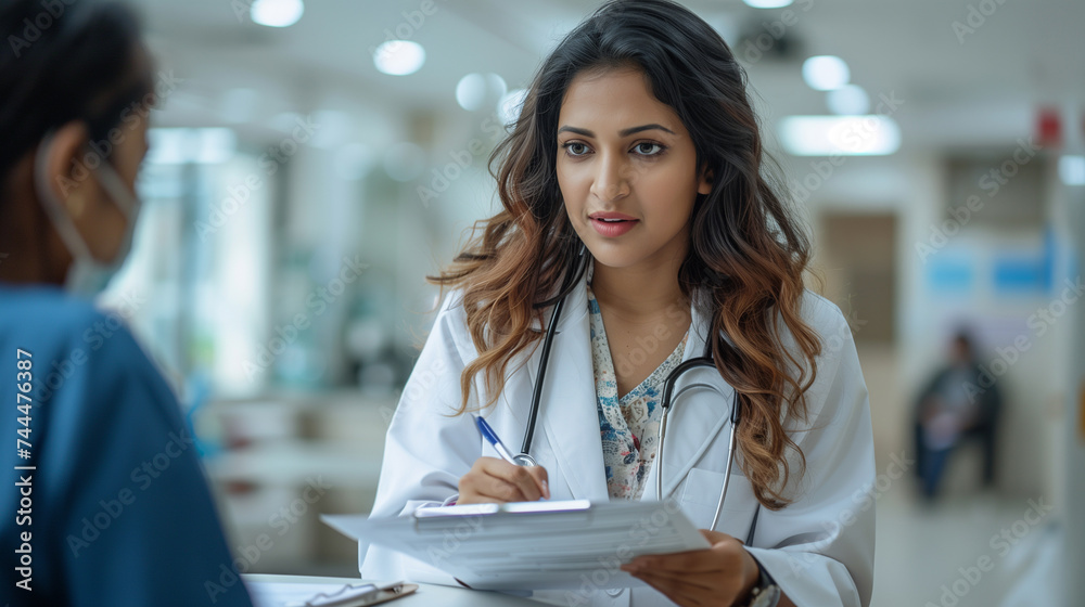 Indian female doctor consulting patient filling form at consultation. wearing white coat talking to woman signing medical paper at appointment visit in hospital ward. Indian female doctor consulting patient filling form at consultation. wearing white coat talking to woman signing medical paper at appointment visit in hospital ward.