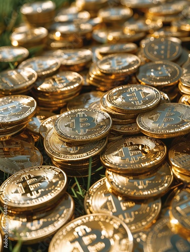 Pile of Bitcoins on Grass Field