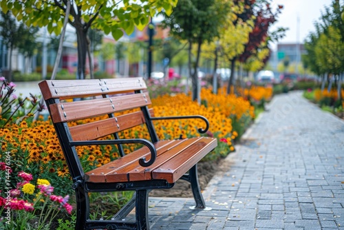 Wooden Bench on Brick Walkway