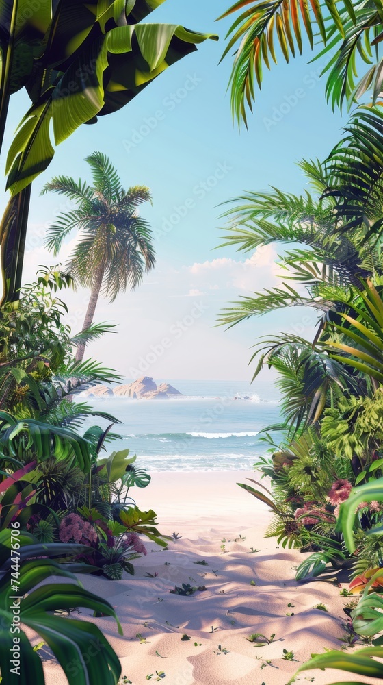 Frame with Tropical Plants on a Beach Scene in the Style of Retro Poster Landscape Background created with Generative AI Technology