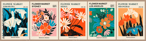 Set of abstract Flower Market posters. Trendy botanical wall arts with floral design in bright vivid colors. Modern naive groovy funky interior decorations, paintings. Vector art illustration. 