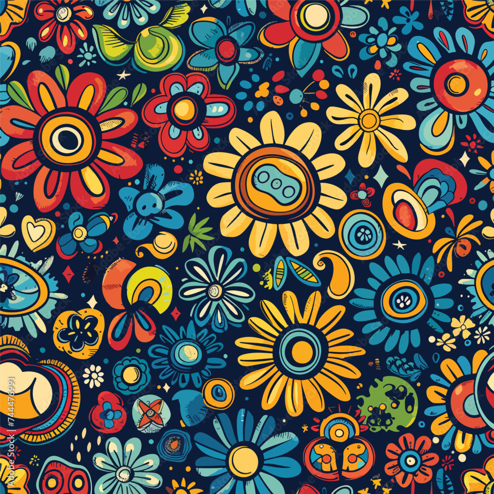 Hippie retro vintage pattern in 1970 style. Hand