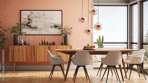 Mid-century Modern-inspired Dining Room with Atomic-inspired Lighting and Eames Chairs Design a dining room that celebrates the iconic style and aesthetic of the mid-century modern era