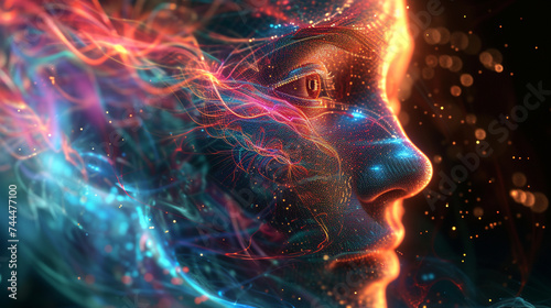 The radiant aura of a holographic AI face, featuring intricate fractal patterns that dance and shift gracefully