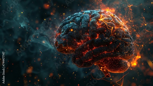 Abstract brain with neural connections and glowing particles isolated on dark background. Intelligence, creativity, and innovation concept. 3D rendering