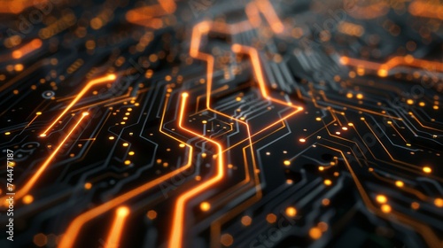 Abstract circuit board pattern with glowing lines isolated on dark background. Technology, innovation, and digital connection concept. 3D rendering