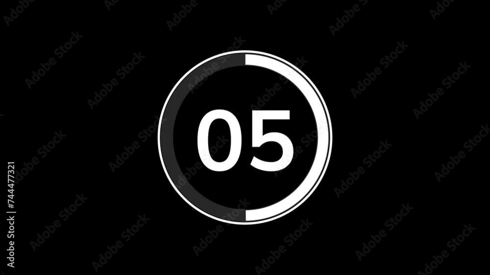 10 seconds countdown timer animation with simple flat modern white circle indicator animation on black background