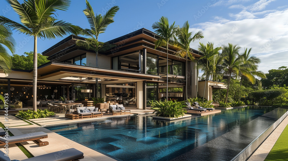 Tropical paradise home with a modern exterior, using open-air spaces, palm trees, and a private pool to create a luxurious and relaxing environment