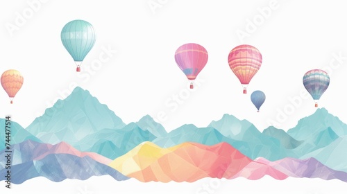 Colorful hot air balloons flying over mountains isolated on white background. Adventure, travel, and freedom concept. Minimalist style illustration