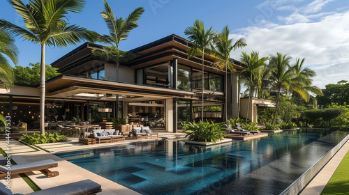 Tropical paradise home with a modern exterior, using open-air spaces, palm trees, and a private pool to create a luxurious and relaxing environment © alishba Lishay