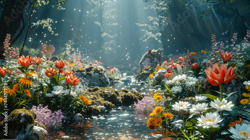 Animals and Flowers in a Forest with Sunlight and Trees