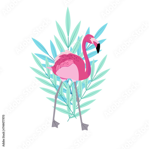 Print for printing on clothes and T-shirts. Pink flamingo bird with green branches of tropical plants. Isolated close-up element for decorating postcard design. Vector cartoon illustration. Summer.