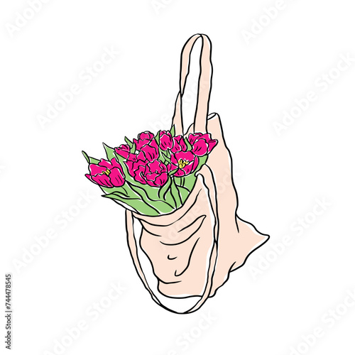 Pink flower in a basket, pink tulip in a tote bag vector