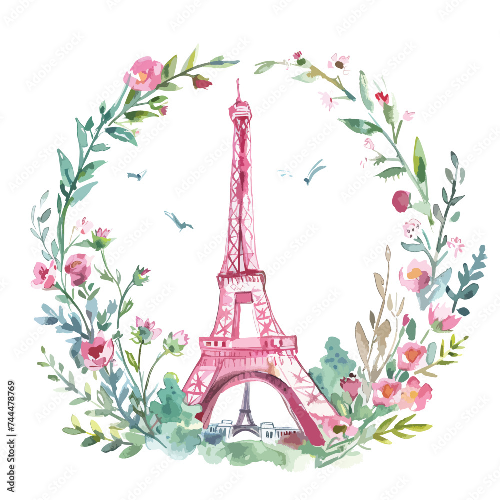 Sweet watercolor illustration Pink Eiffel tower