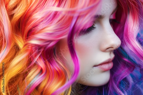 Vibrant Multi-Colored Hair on a Young Woman in a Close-Up Outdoor Portrait