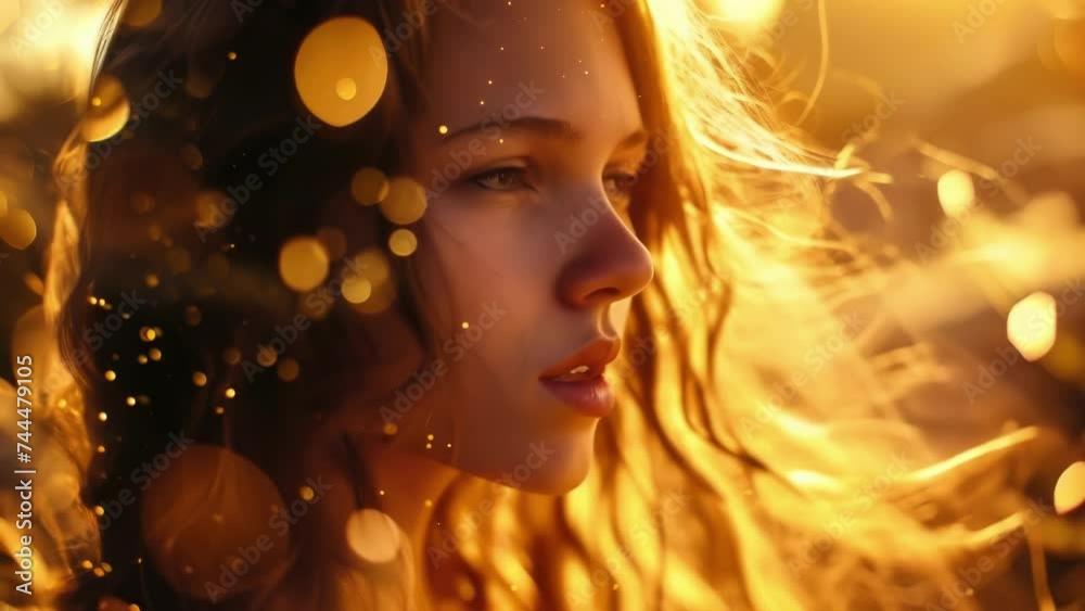 Soft waves of golden light cascade over her face, enhancing her features and giving her an ethereal glow. Soft waves of golden light cascade over her face, enhancing her features and giving her an ethereal glow.