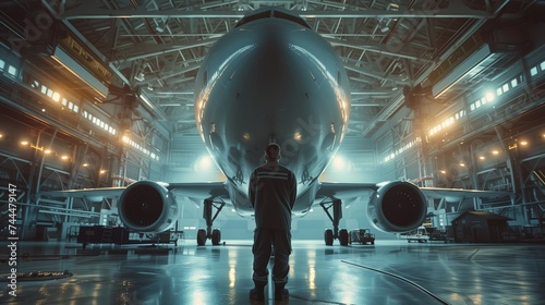 An engineer stands facing a large commercial airplane in an aircraft hangar, with an awe-inspiring view of aviation maintenance.
