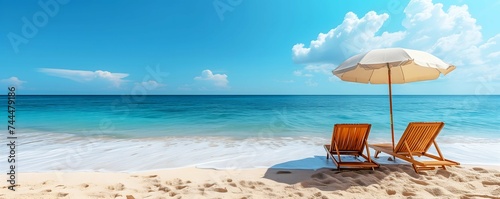 lounge chairs on a sandy beach with blue sky
