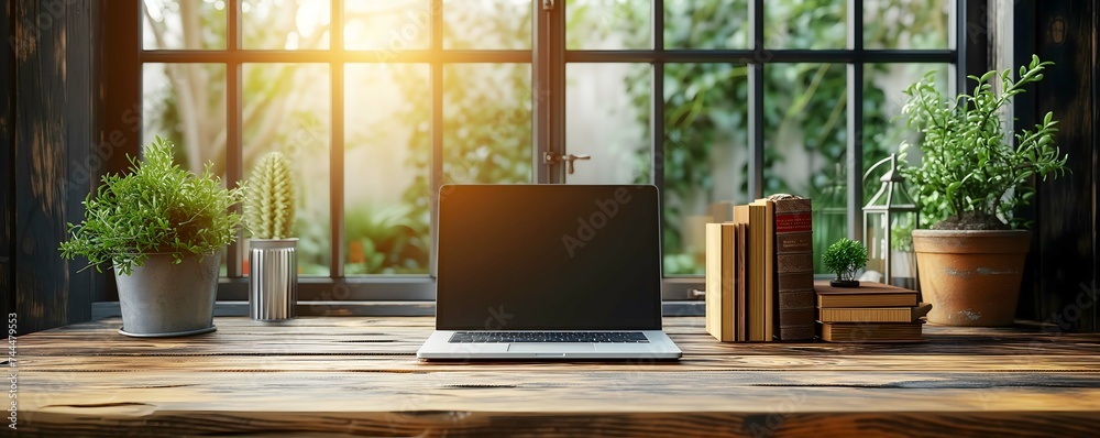 Laptop and notebook and book on a wooden table background,top view Laptop and notebook and book on a wooden table background,top view