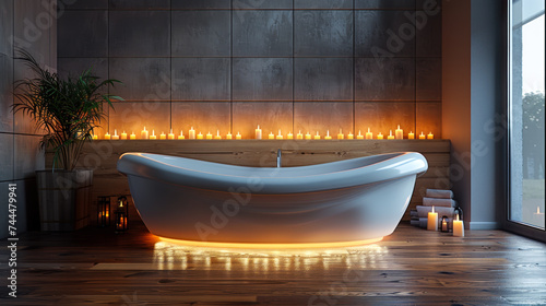 Luxury Bathroom Interior Design with Bathtub  Candles  and Flowers