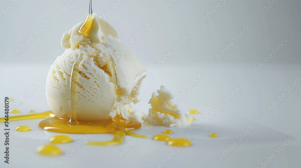 An elegant serving of vanilla ice cream adorned with a drizzle of golden honey, presented against the backdrop of pure white, inviting the viewer to indulge, captured with stunning clarity. An elegant serving of vanilla ice cream adorned with a drizzle of golden honey, presented against the backdrop of pure white, inviting the viewer to indulge, captured with stunning clarity.