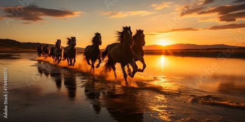 Graceful Horses Galloping Freely at Sunset. Concept Horse Photography  Sunset Scenes  Spirited Gallop