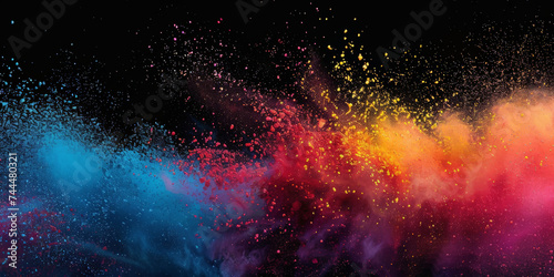 Explosion of colorful powder on black background. rainbow explosion explode burst isolated splatter abstract,Colorful rainbow holi powder splash, smoke or fog particles explosive special effect 