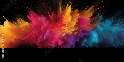 Explosion of colorful powder on black background. rainbow explosion explode burst isolated splatter abstract,Colorful rainbow holi powder splash, smoke or fog particles explosive special effect 