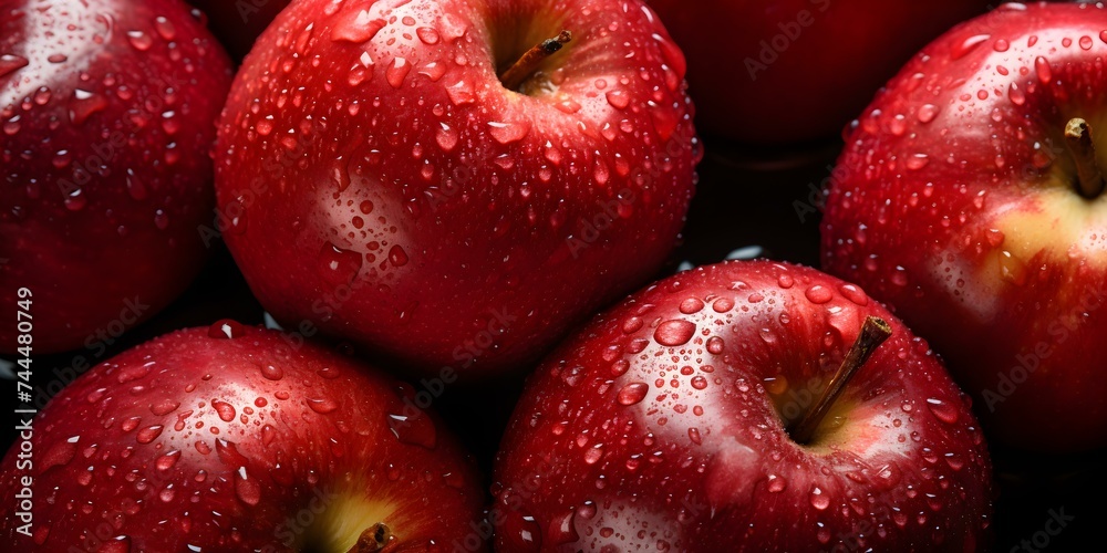 Top-down perspective of red apples with water droplets as full frame background. Concept Fruit Photography, Top-down View, Red Apples, Water Droplets, Full Frame Background Top-down perspective of red apples with water droplets as full frame background. Concept Fruit Photography, Top-down View, Red Apples, Water Droplets, Full Frame Background