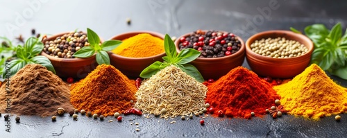 Many types of colourful spices on white background photo