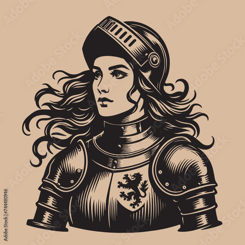 Beautiful young woman knight portrait. In iron armor. Vintage engraving illustration, isolated object