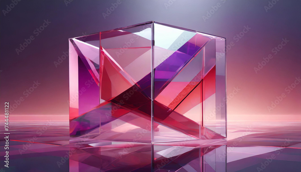3D rendering, transparent glass with a gradation of pink, crimson, and violet, and an abstract geometric background 3D rendering, transparent glass with a gradation of pink, crimson, and violet, and an abstract geometric background