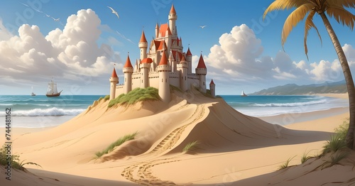 A majestic sandcastle stands tall on a pristine beach, its turrets reaching for the sky as clouds billow and the ocean whispers.