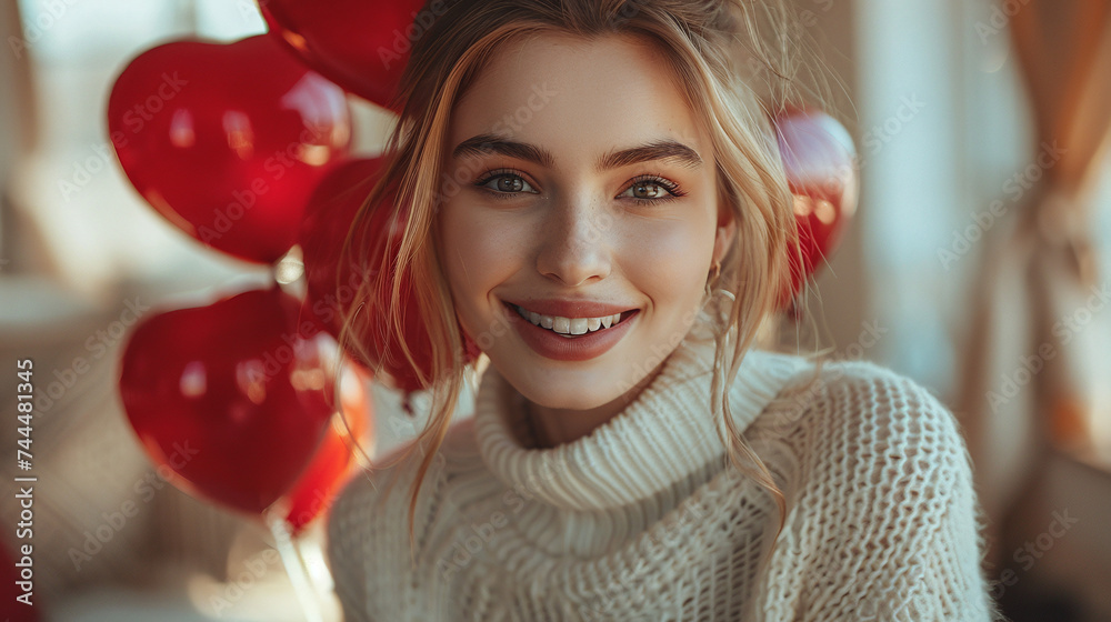 Beautiful girl in a sweater holding heart-shaped balloons Beautiful girl in a sweater holding heart-shaped balloons