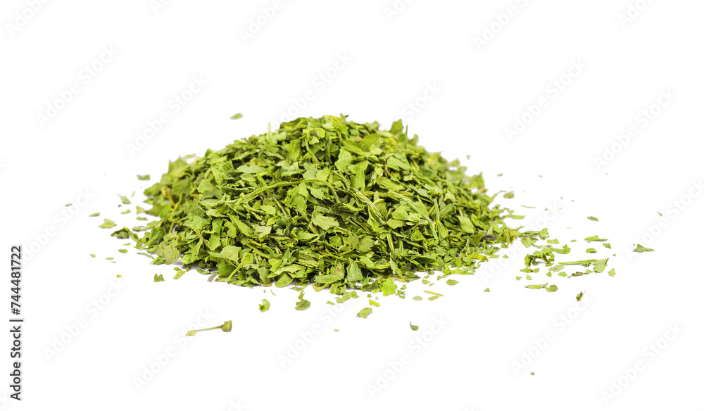 Chopped dry parsley leaves, pile isolated on white or transparent background Chopped dry parsley leaves, pile isolated on white or transparent background