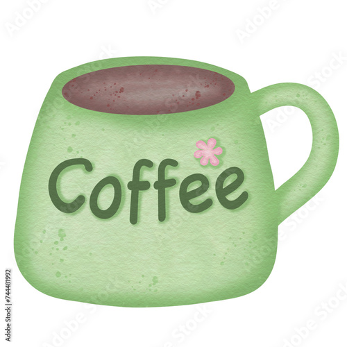 Hot coffee in green glass Handmade illustration
