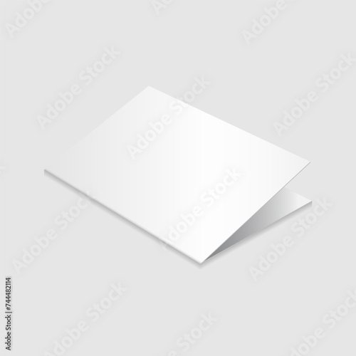 White card mockup. Blank white greeting card. Slightly open card, folded leaflet, brochure or menu mockup template. Isolated on light gray background. For your design or business. Vector illustration.